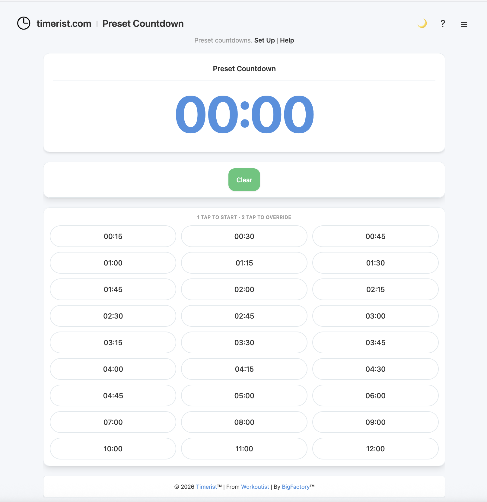 Countdown timer interface on Timerist displaying minutes and seconds setup for workouts.