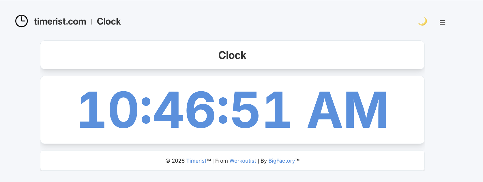 Digital clock timer interface on Timerist showing time display and controls.
