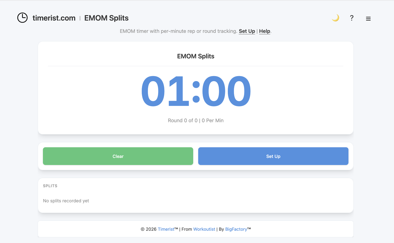 EMOM timer interface on Timerist showing every minute on the minute round countdown.