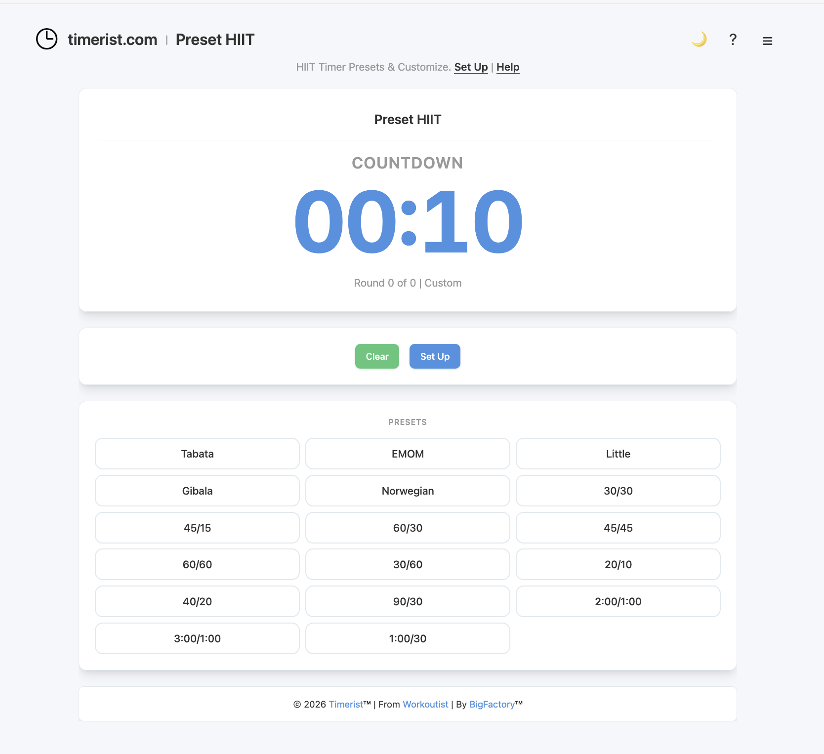HIIT timer interface on Timerist for high-intensity interval training with custom work and rest.