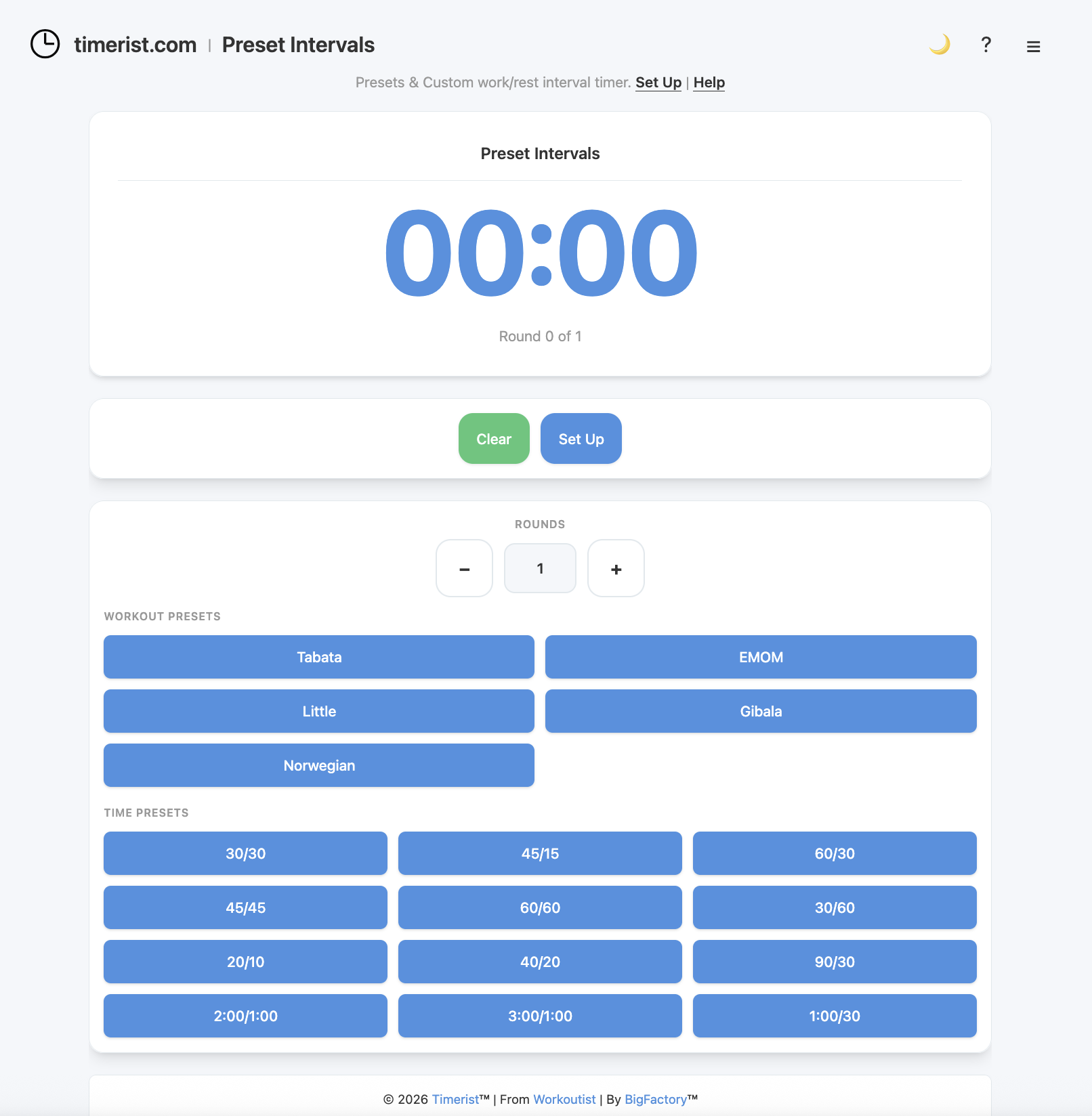 Interval timer interface on Timerist allowing customizable work and rest periods for fitness.