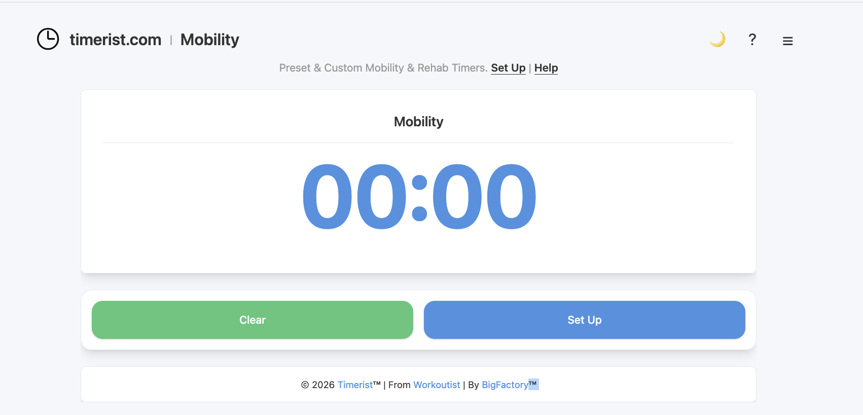 Mobility timer interface on Timerist for timed stretch holds and recovery.