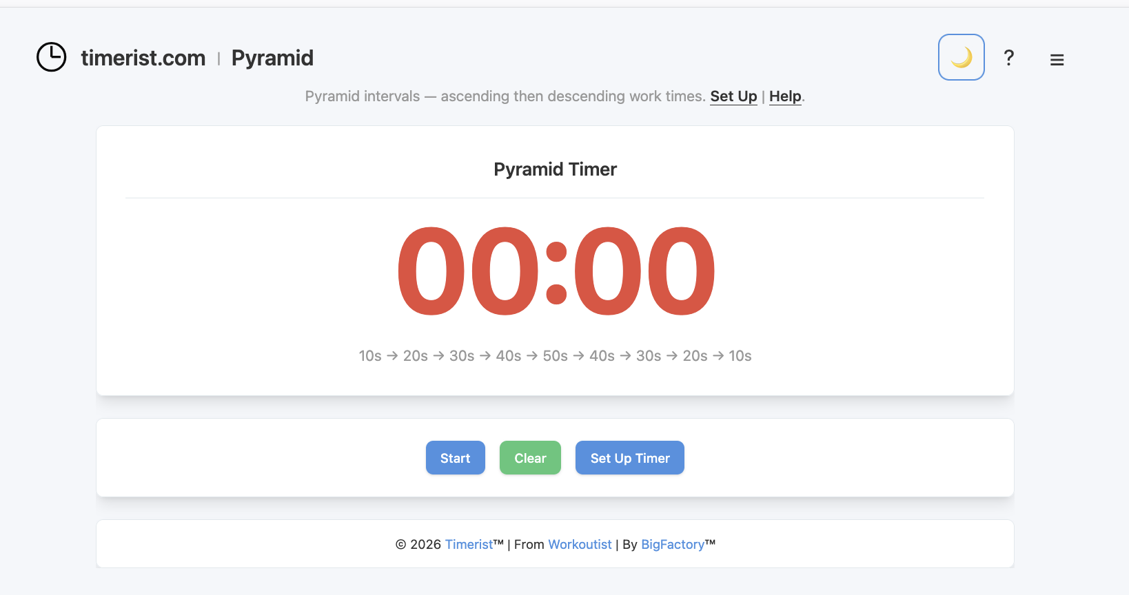 Pyramid timer interface on Timerist with ascending and descending interval setup.
