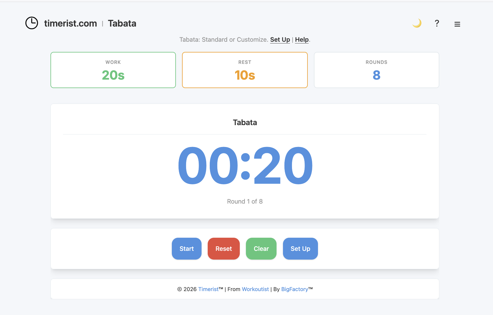 Tabata timer interface on Timerist with classic 20-second work and 10-second rest cycles.